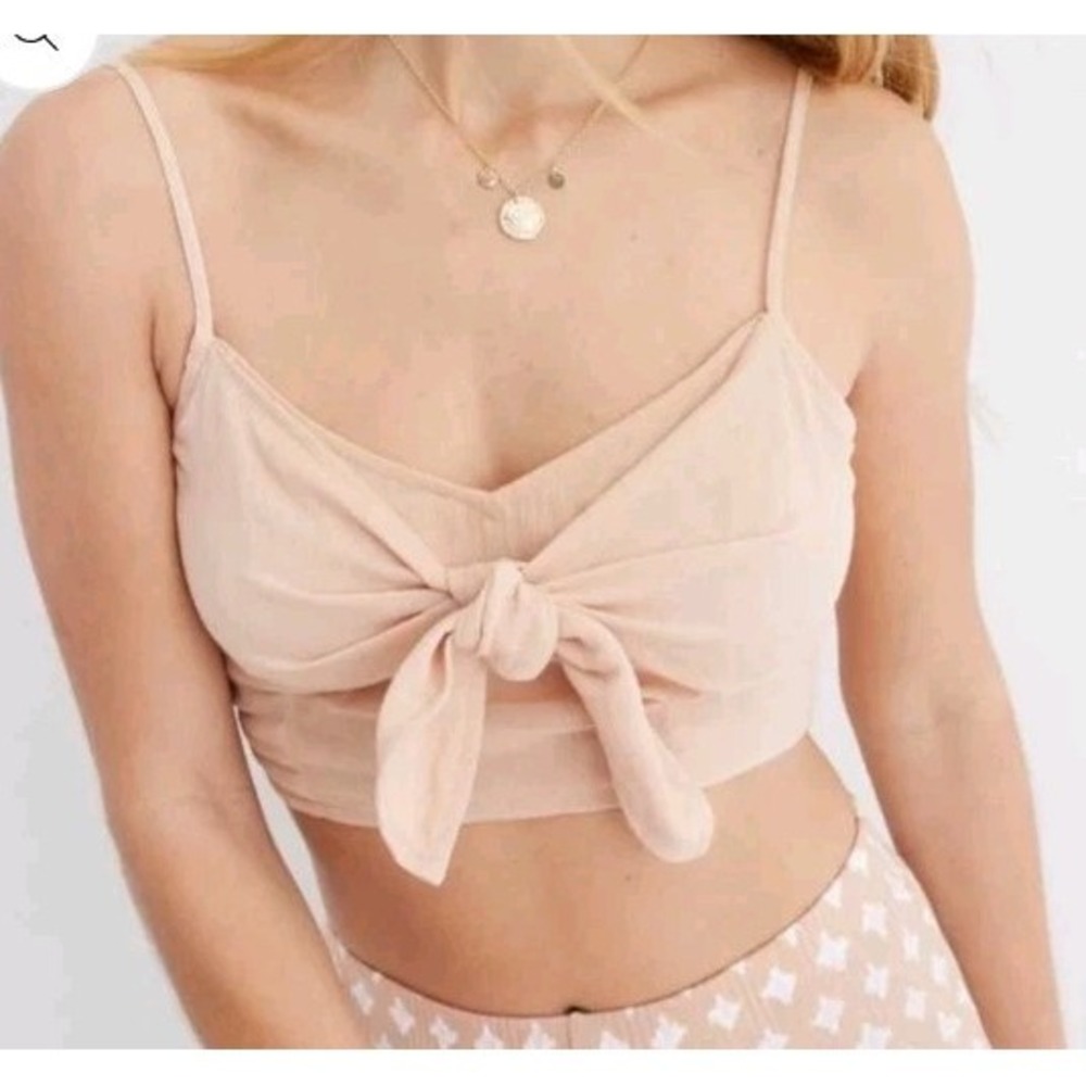 Aerie Shirt Womens Medium Beige Stretch Tieā Front Crop Top Athleisure NWT